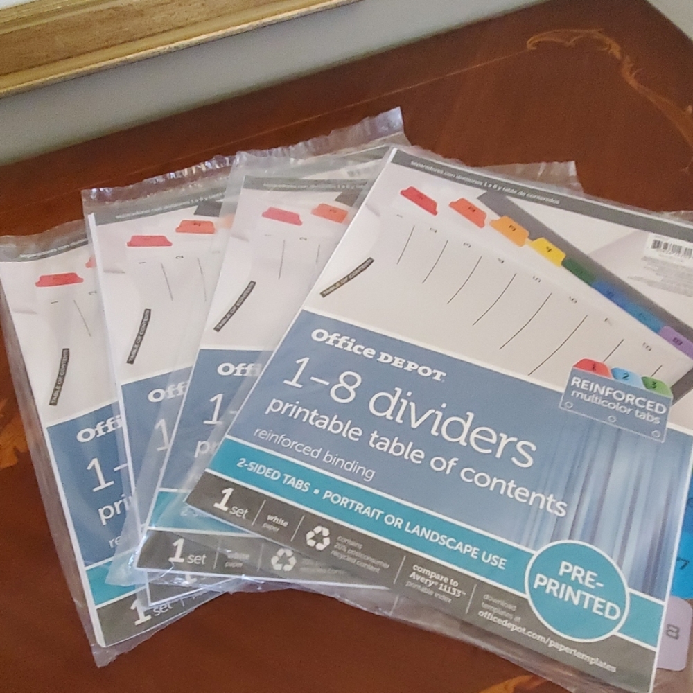 OFFICE DEPOT 1-8 DIVIDERS 4 PACKAGES